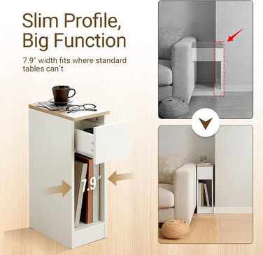 Комплект із 2 вузьких тумбочек, приліжкові тумбочки з шухлядою та полицею, тумбочки для спальні та вітальні, білі, Ш20 x Г35 x В60 см, FBT111-WNx2