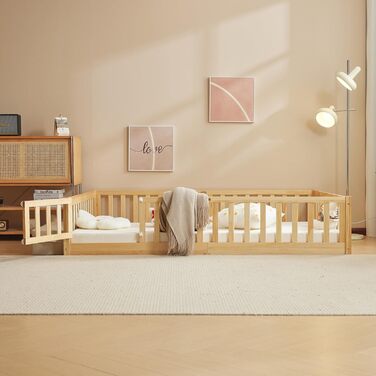 Дитяче ліжко LEADZM 2-в-1 Монтессорі з відкритими дверима, захистом від падіння та рейковою основою, дитяче ліжечко, підліткове, односпальне ліжко (натуральний розмір 140x200) - 2 розміри, вантажопідйомність до 300 кг, трансформоване