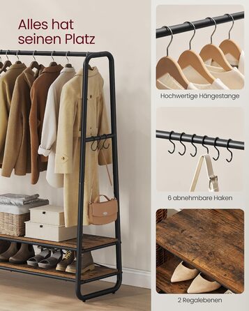 Вішалка для одягу, вішалка для пальто, шафа, 2 полиці, 6 S-подібних гачків, сталевий каркас, 45 x 138 x 160 см, для спальні, коридору, передпокою, вінтажний коричнево-чорний RGR119B01 138B см Вінтажний коричневий чорний