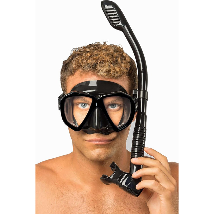 Високоякісний набір для снорклінгу для дорослих, маска та трубка у практичному футлярі, чорний/чорний
