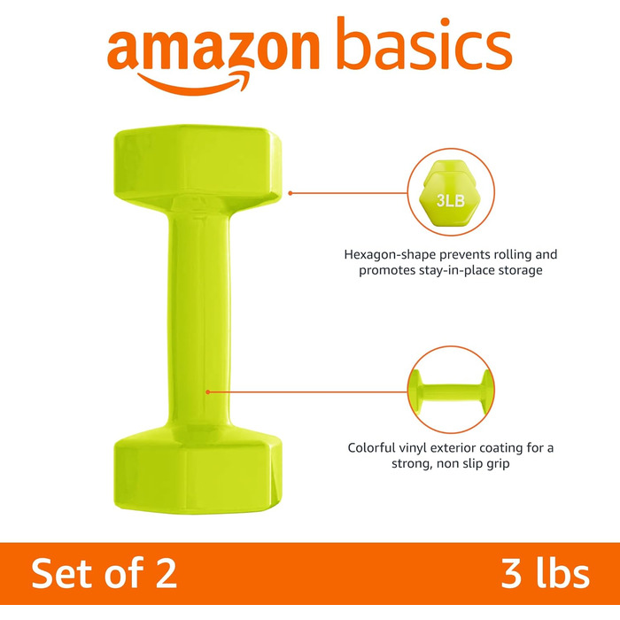 Гантелі Amazon Basics з вініловим покриттям – набір з 2 штук, 1,36 кг (3 lbs), нековзкі, для фітнесу та аеробіки