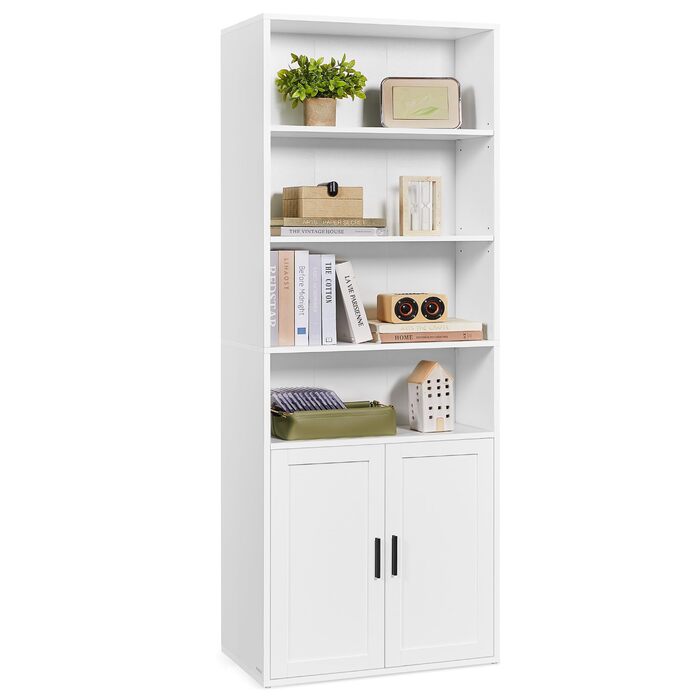 Колекція Custos - Книжкова полиця, висока 6-ярусна, окремостояча полиця з дверцятами, відкрита полиця для зберігання, 24 x 60 x 175 см, для вітальні, домашнього офісу, їдальні, хмарно-білий LBC402W01 60B см хмарно-білий