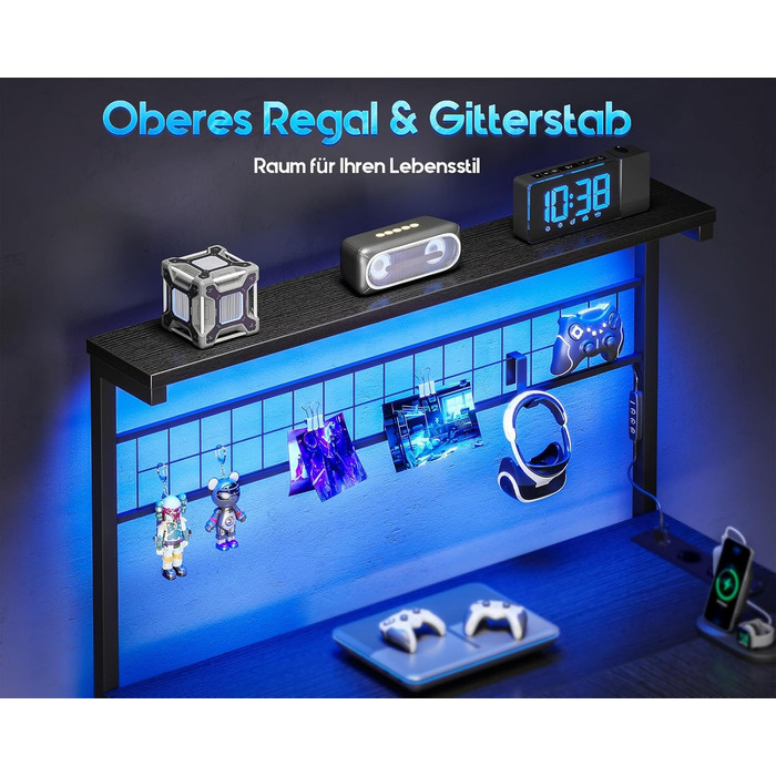 Ігровий стіл Coleshome зі світлодіодним освітленням, 130 x 100 см, двосторонній ігровий стіл з шухлядами та розетками, кутовий стіл з відділенням для зберігання та місцем для зберігання, чорний 130 x 100 см, чорний