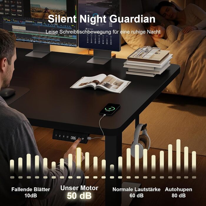 Стіл з регульованою висотою 140 x 70 см з кабельним лотком, Електрично регульований по висоті стіл для роботи стоячи з USB-портом, Комп&39ютерний стіл, Ергономічний стіл для роботи сидячи та стоячи, Офісний стіл, Чорний 140 x 70 см