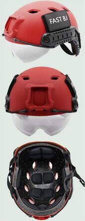 Тактичний рятувальний шолом червоного кольору із захисними окулярами та системою MOLLE, може використовуватися із сигнальними ліхтарями, прожекторами та високопродуктивними ліхтарями в тактичних іграх або рятувальних операціях.