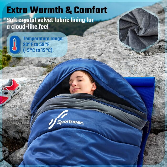 Спальний мішок 0 градусів XXL 230 x 90 см зимовий спальний мішок зі знімним капюшоном та м&39якою кришталевою оксамитовою підкладкою для дорослих