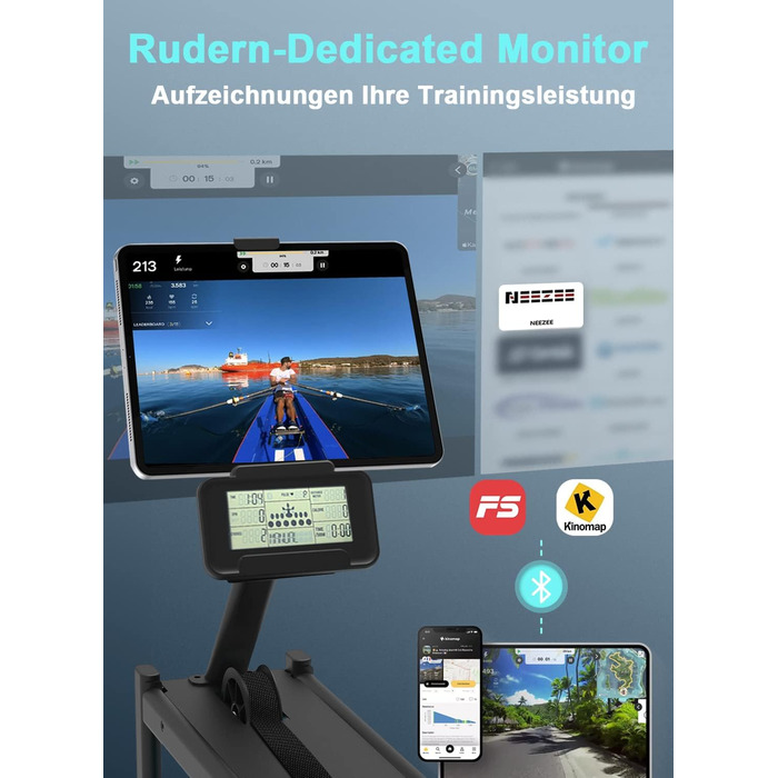 Домашній гребний тренажер Neezee, водний гребний тренажер з професійним Bluetooth-монітором та тримачем для планшета, максимальна вантажопідйомність 150 кг, вертикальне зберігання, транспортні колеса для легкого переміщення, новий монітор
