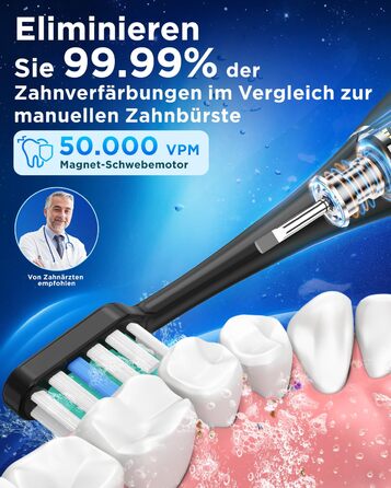 Електрична зубна щітка з 8 насадками (3 типи), звукова зубна щітка для дорослих, з таймером, до 120 днів роботи від акумулятора, 5 режимів чищення, дорожній футляр, настільна зарядна станція, колір чорний