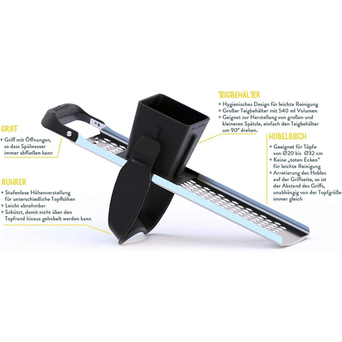 Слайсер Rhrspatz з нержавіючої сталі Spaetzle з функцією перемішування, дуже великий контейнер для тіста, готуйте шпецле в 4 рази