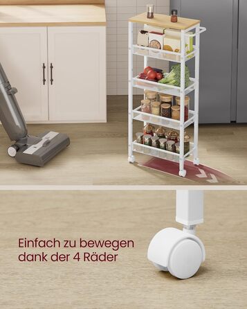 Ярусний візок на колесах, вузький кухонний візок, нішева полиця на колесах, сталь, ручка, для невеликих приміщень, 22 x 45,4 x 99,6 см, кухня, ванна кімната, вітальня, кабінет, дубово-білий LRC035W09 5 ярусів (22 x 45,4 x 99,6 см) дуб білий, 5-