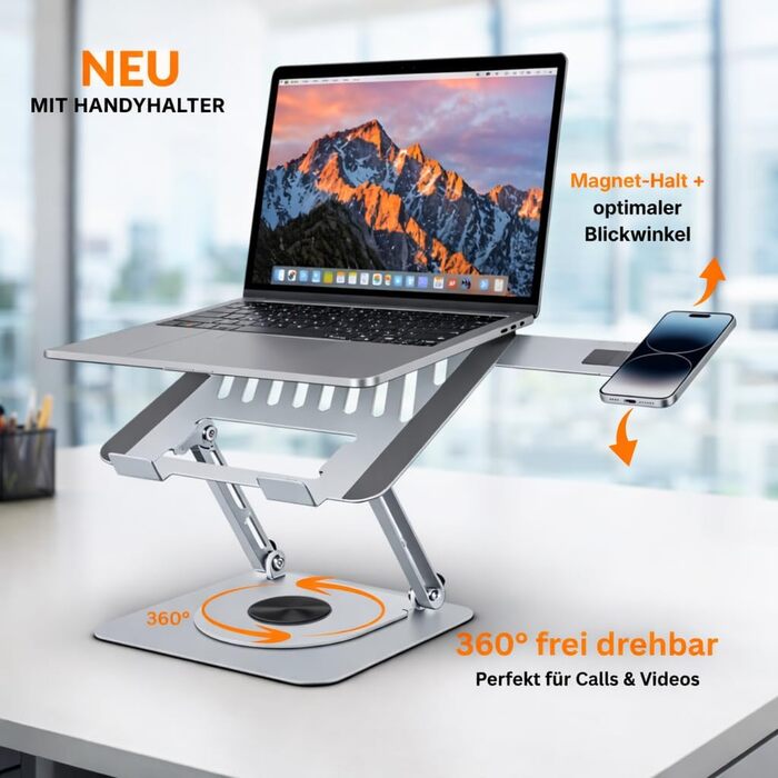 Стійка для ноутбука з магнітним тримачем для телефону, поворотна на 360 та регульована по висоті, виготовлена зі сталевого сплаву надміцна, складана, ергономічна з вентиляцією, для ноутбуків 1017,3 дюймів
