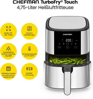Сенсорна фритюрниця Chefman TurboFry, сімейний розмір 4.75 л, попередні налаштування цифрового керування одним дотиком, картопля фрі, курка, м'ясо, риба, можна мити в посудомийній машині, автоматичне вимкнення, нержавіюча сталь DE 4.75 л