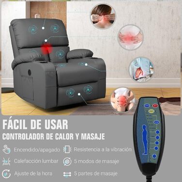 Крісло-гойдалка з функцією відкидання спинки, масажне крісло з вібрацією та підігрівом, порти USB та Type-C, крісла зі штучної шкіри, що обертаються на 360, підходить для вітальні, спальні, дитячої кімнати, кемпера, темно-сірого кольору.