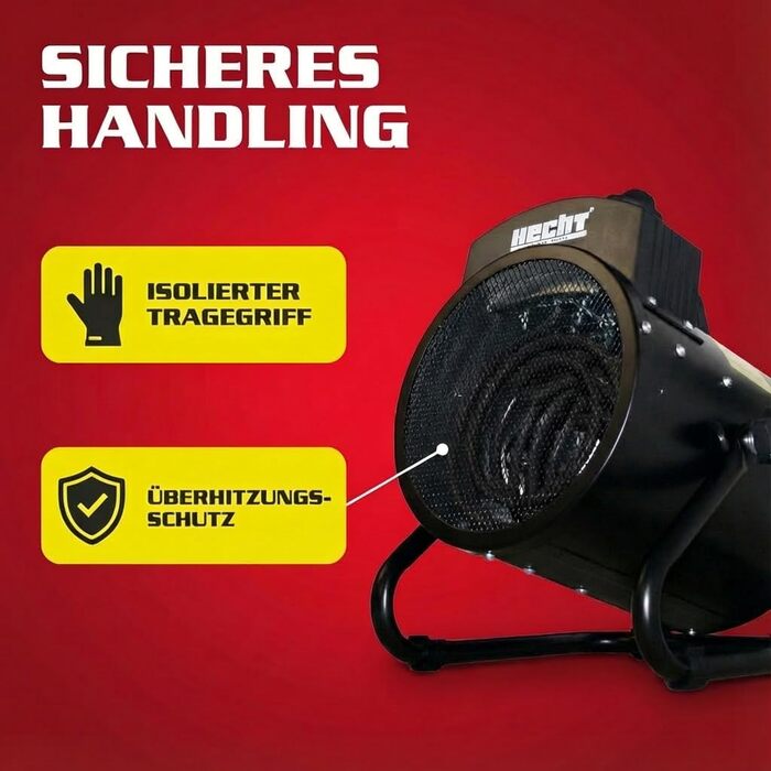 Електричний обігрівач HECHT Портативний обігрівач 3000 Вт 3 рівні потужності Термостат Енергоефективний Підходить для будівельних майданчиків, гаражів, майстерень, кемпінгу, віталень, Чорний