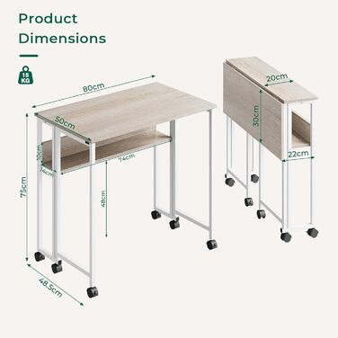 Розкладний стіл Dripex 80x50 см, компактний стіл, складний комп&39ютерний стіл з місцем для зберігання та колесами, невеликий розкладний комп&39ютерний стіл для домашнього офісу/кабінету (дуб)