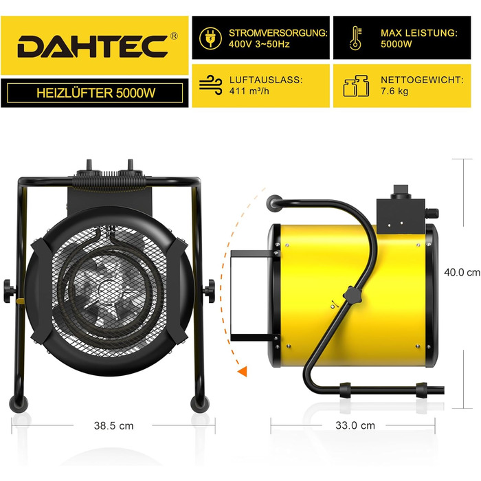 Промисловий обігрівач з вентилятором потужністю 5000 Вт для великих приміщень з термостатом та 3 режимами нагріву, будівельний обігрівач, сушарка для будівель, вентилятор з портативною ручкою для гаража, будівельного майданчика