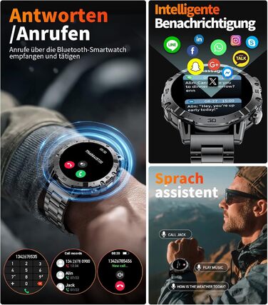 Розумний годинник SUNKTA для чоловіків, великий акумулятор 1000 мАг, 1,7-дюймовий HD-дисплей, Bluetooth-дзвінки, сумісний з iOS та Android, зі світлодіодним ліхтариком, пульсометром/монітором сну/крокоміром, сірий, включає 3 браслети та 2 зарядні пристрої