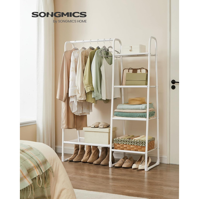 Вішалка для одягу SONGMICS, Вішалка для білизни з 5 полицями, Металевий каркас, 40 x 101,7 x 153,3 см, для спальні, вітальні, вхідної зони, Хмарно-білий HSR138W01