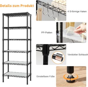 Полиця для зберігання, металева полиця - з 6 полицями, окремостояча кухонна полиця з регульованими по висоті полицями та ніжками (35,5 Г x 60 Ш x 180 В см)