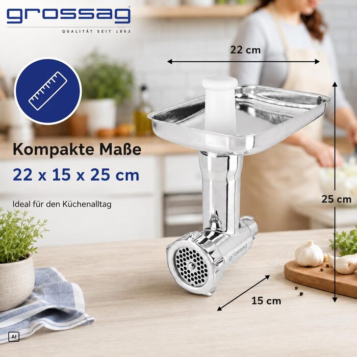 Насадка-м'ясорубка grossag для KitchenAid з нержавіючої сталі, 3 перфораційні решітки, KFW 500