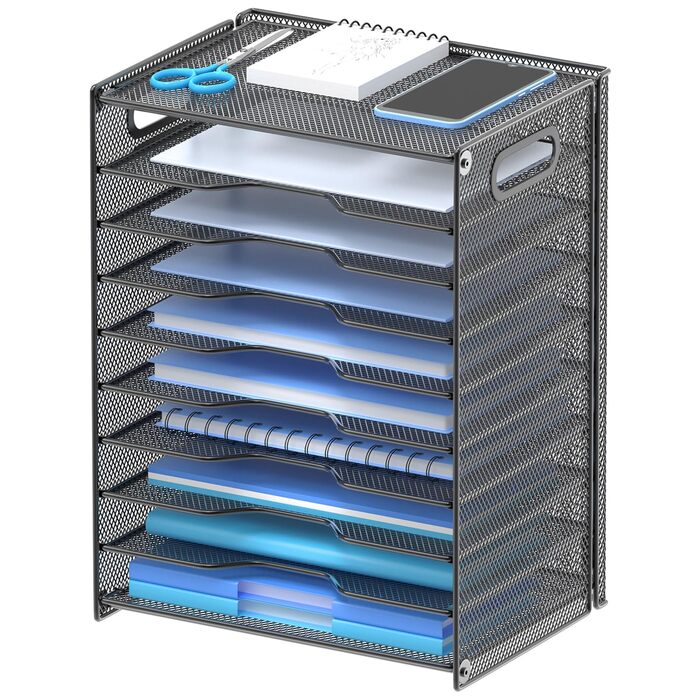 Рівневий настільний органайзер OUTWOLF з ручкою, міцний металевий органайзер для паперу, лоток для листів, відділення для зберігання, офісне приладдя для документів формату A4, паперу, книг, журналів (чорний) 10-рівневий настільний органайзер, 10-