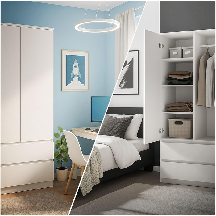 Шафа CDF Біла, ширина 90 см, дитяча кімната, спальня, 2 шухляди, 2-дверна шафа, сучасний вигляд, все для складання, одяг, іграшки