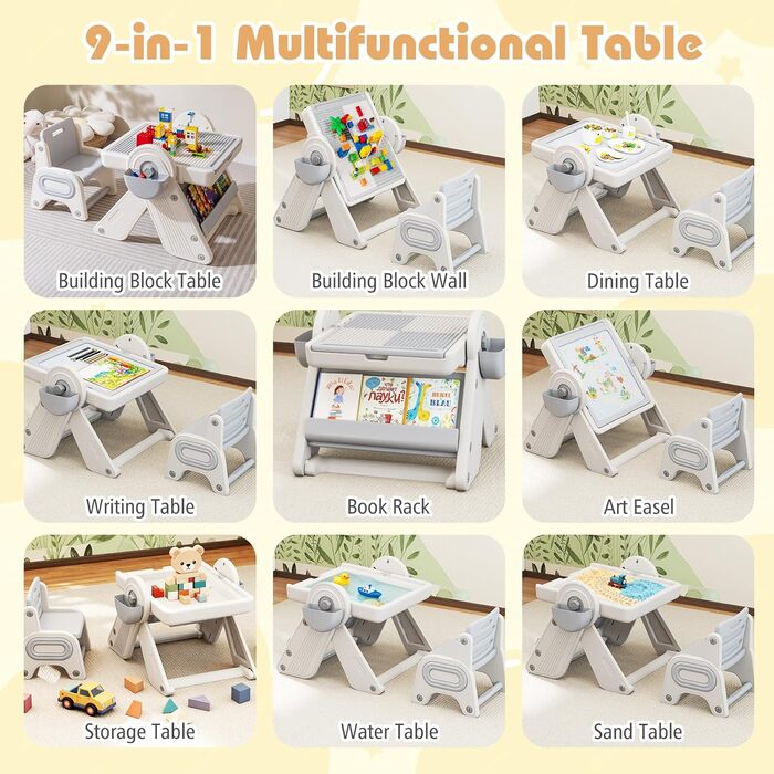 В-1 Багатофункціональний дитячий стіл зі стільцем, складний дитячий комплект сидіння з двосторонньою стільницею, 2 кошики, відділення для олівців та книжкова полиця, робочий столик для дітей від 18 місяців (сірий), 9-