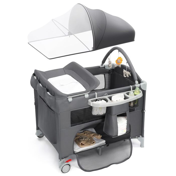Приліжкове ліжечко 5-в-1, дорожнє ліжечко, дитяче ліжечко з пеленальною підкладкою, містким кошиком для зберігання, москітною сіткою, ігровою аркою та дорожньою сумкою для новонароджених та малюків (сірий колір)