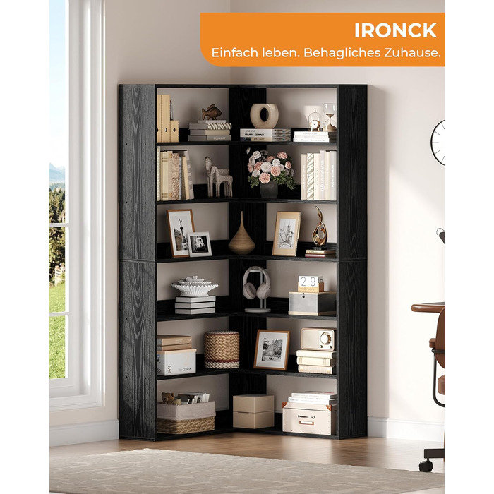 Книжкова полиця IRONCK, 6 ярусів, кутова полиця, висота 180 см, окремостояча дерев&39яна L-подібна відкрита полиця, полиця для зберігання речей для кабінету, офісу, вітальні, спальні (чорна)