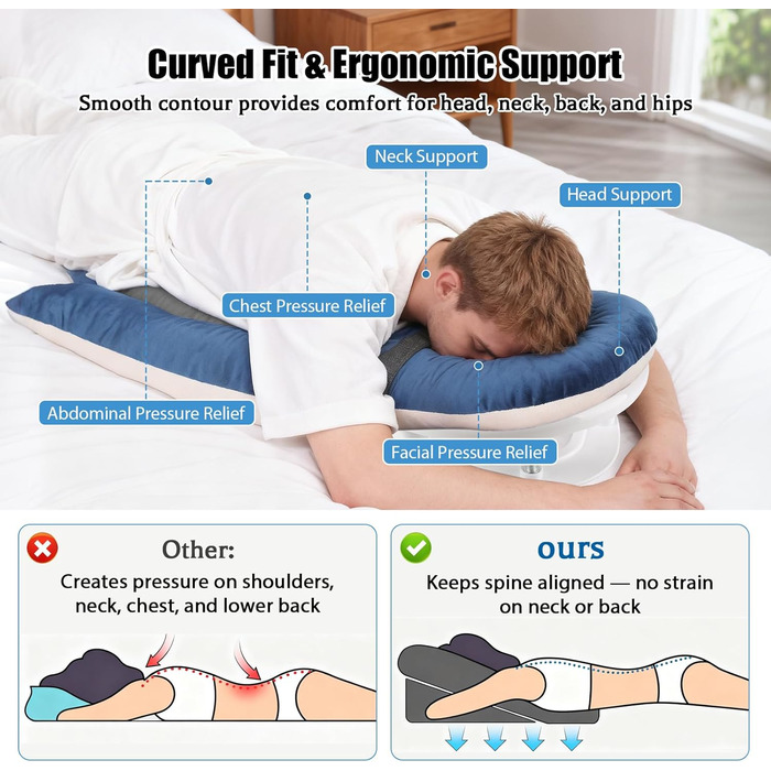 Подушка для сну обличчям вниз, ергономічна подушка для обличчя з піною з ефектом пам&39яті, регульований по висоті масажний підголівник для дому, сну на животі та відновлення після операції на очах з вітректомією