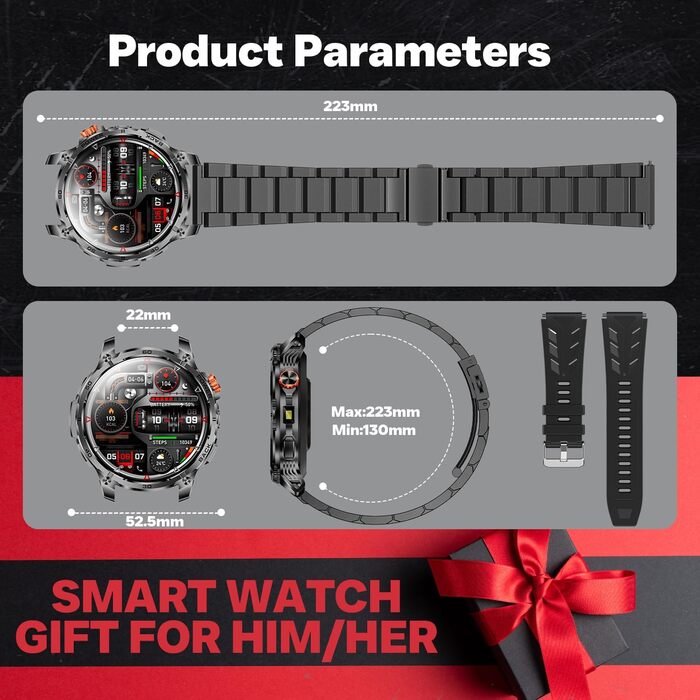 Чоловічий смарт-годинник із функцією телефону, годинник для спорту на свіжому повітрі 1,85-дюймовий HD смарт-годинник із пульсом, монітором сну, артеріальним тиском, крокоміром, фітнес-годинником із батареєю 1000 мАг, світлодіодним ліхтариком, сумісний з 