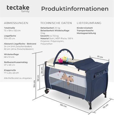 Дитяче ліжечко tectake Baby Travel Cot, дитяче ліжечко, регульоване по висоті ліжечко з матрацом та сумкою для перенесення, дитяче ліжко, дорожнє ліжечко, портативне приліжкове ліжечко для немовлят - 132 x 75 x 104 см - темно-синій, синій, з малюком собак