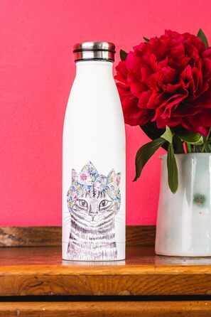 Пляшка MIKASA Tipperleyhill з нержавіючої сталі з подвійними стінками, 500 мл, вакуумно-ізольована, зберігає напої гарячими та холодними, пляшка з нержавіючої сталі без бісфенолу А з принтом кота