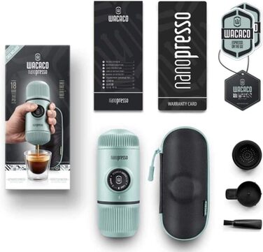 Портативна кавоварка WACACO Nanopresso в комплекті із захисним футляром, оновлена версія Minipresso, міні-дорожня кавоварка, ідеально підходить для кемпінгу, подорожей та офісу (Arctic Blue), BaregAB