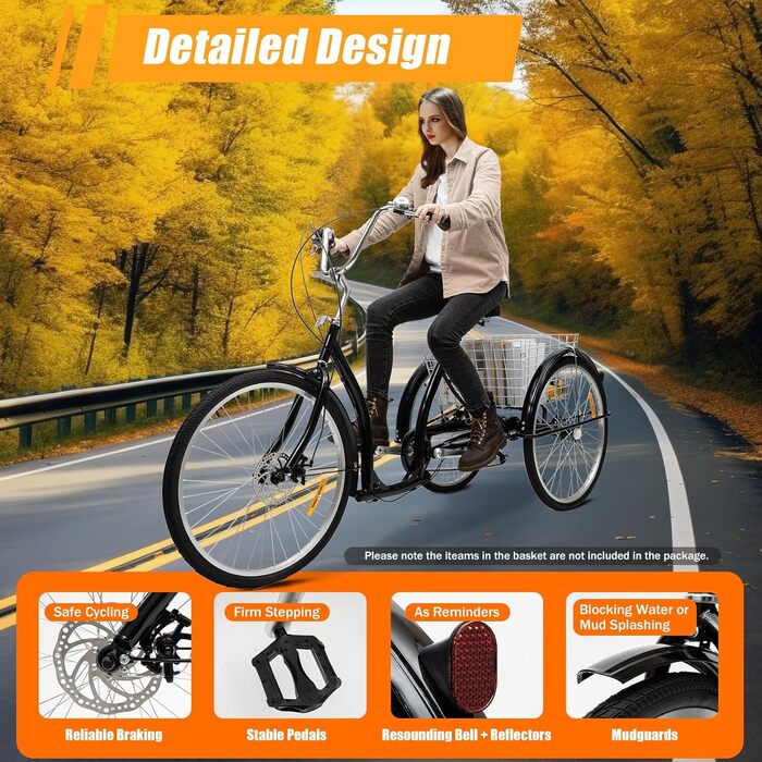 Дюймовий триколісний велосипед для дорослих, міський триколісний велосипед, 6-швидкісний триколісний велосипед, велосипед для відпочинку, триколісний велосипед з кошиком для покупок, протиковзкі та зносостійкі колеса, для покупок, подорожей, пікніків (чор