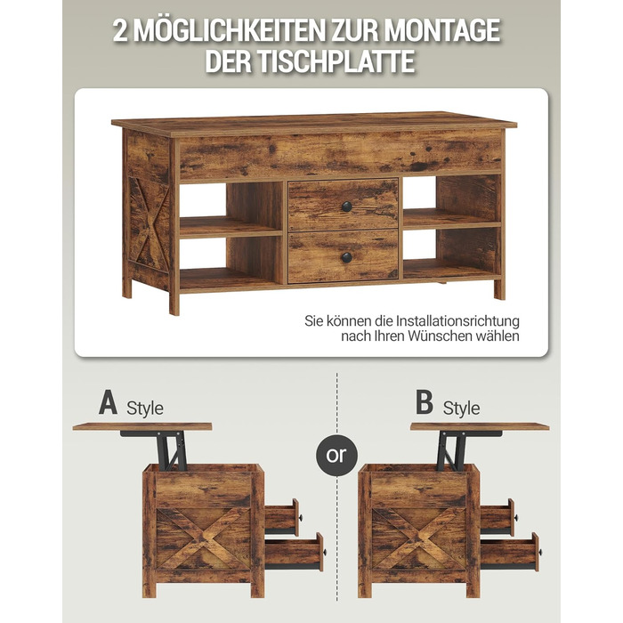 Журнальний столик Hzuaneri, стіл для вітальні з регульованою висотою, диван-столик, 2 шухляди та приховане місце для зберігання, 50 x 100 x 47,3-61,3 см, для вітальні, їдальні, офісу, вінтажний коричнево-чорний CT22101B