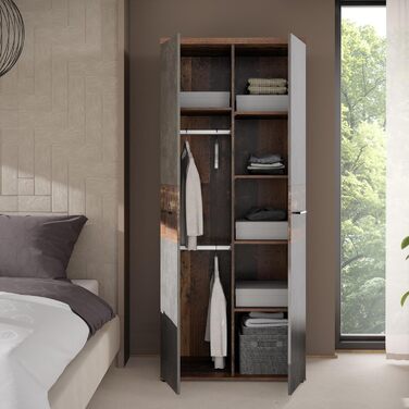 Гардероб Forte Winnie 80, рустикальна шафа з орними дверима, 2-дверна, полиці, простора, декор Old Wood Vintage під дерево/імітація бетону темно-сірий, 79,9 см завширшки x 189 см заввишки x 53,7 см темно-коричневий/сірий