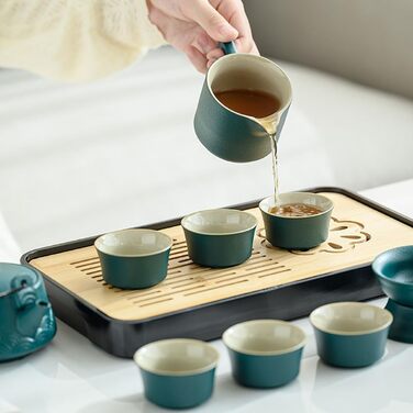 Китайський чайний сервіз з ситечком, порцеляновий набір для чаювання на 6 чашок, з ручкою з конопляного канату для розсипного чаю, ідеальний подарунок для поціновувачів чаю, зелений колір