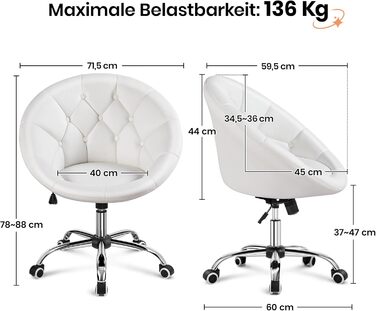 Крісло Yaheetech, Туалетне крісло, Крісло для домашнього офісу, Офісне крісло, Офісне крісло з регульованою висотою та м&39яким сидінням, Кругле поворотне крісло з колесами, Робоче крісло зі штучної шкіри, Біле