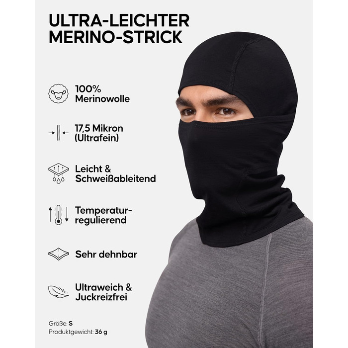 Балаклава DANISH ENDURANCE 100 мериносова, функціональна балаклава, легка лижна маска для холодної погоди, велосипедна кепка під шолом, унісекс, для чоловіків та жінок, розмір L-XL, чорний