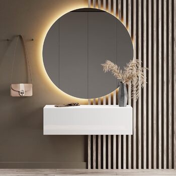 Вішалка для передпокою Planetmbel 100 см вкл. дзеркало кругле з підсвічуванням 100 см, біла, меблі для передпокою з дзеркалом, 37,