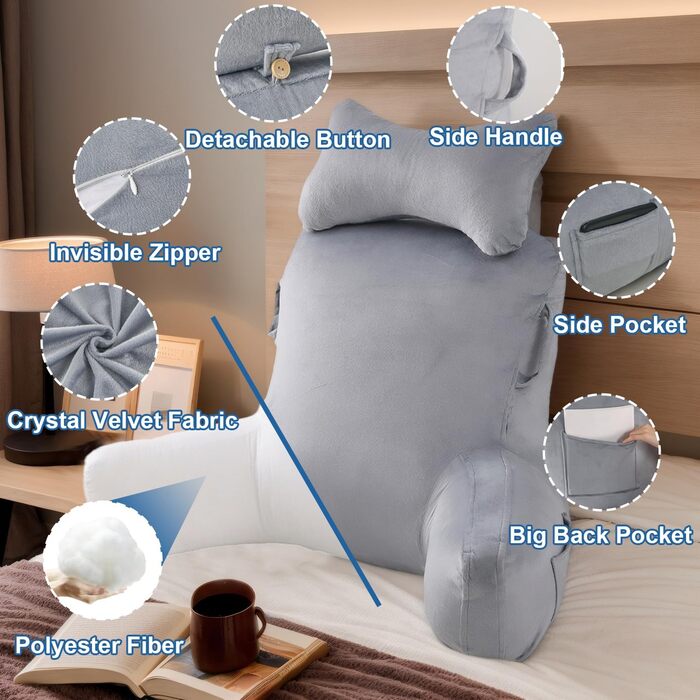 Подушка для читання на ліжко, 90 x 80 см (ДxВ), XXL спинна подушка для диванів для дорослих з підлокітниками та знімним потиличним валиком, спинка для читання з кишенею для ліжка, дивана, підлоги та стільця, світло-сіра