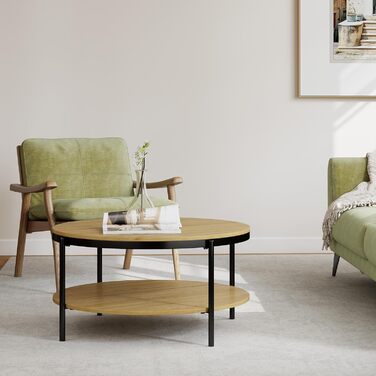 Круглий дерев&39яний журнальний столик Manora, маленький круглий столик для вітальні 80 см, диван-столик з 2 рівнями зберігання, під дуб, металеві ніжки зі сталевим каркасом (світлий дуб), сучасний дуб