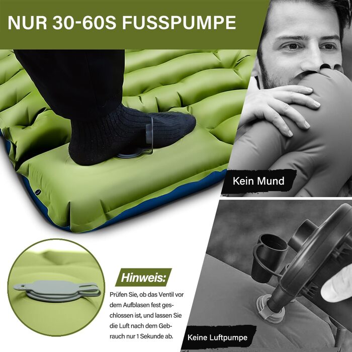 Килимок для сну в кемпінгу, надувний матрац для кемпінгу з ножним насосом та подушкою, компактний та легкий надувний матрац для походів та пляжу Green-1