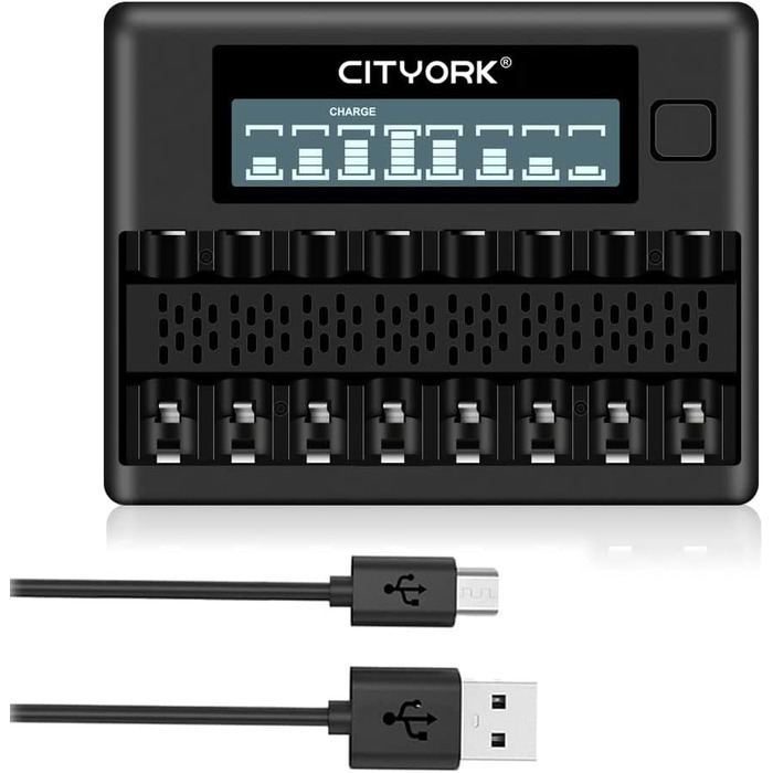 Зарядний пристрій CITYORK для акумуляторних батарей AA AAA, 8-слотовий зарядний пристрій з РК-дисплеєм, швидкою зарядкою через USB та незалежним слотом для акумуляторів AA/AAA Ni-MH Ni-CD