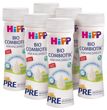 Готова до вживання суміш HiPP PRE Bio Combiotik (6 x 200 мл), перше молоко від народження, містить лише лактозу як вуглевод, найкращої органічної якості