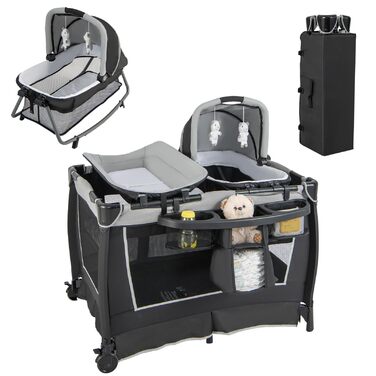 Складане дитяче ліжечко LIFEZEAL з тримачем для підгузків та сумкою для перенесення, знімне дорожнє ліжечко 4 в 1 з матрацом та пеленальний килимок, дитяче дорожнє ліжечко з музичним мобілем та лялькою, дитяча колиска для дітей від 0 до 36 місяців (сірий)