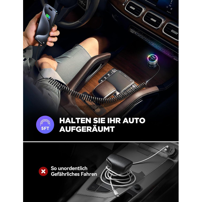 Найновіший автомобільний адаптер Bluetooth 5.4 60 Вт спіральний кабель PD 30 Вт і USB-C 30 Вт FM-передавач для автомобільного музичного плеєра Hi-Fi, гучний зв'язок, подвійний мікрофон, світлодіодне світло, U-диск чорний, 2024