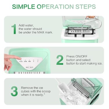 Машина для виробництва кубиків льоду Міні портативна, 15 кг / 24 год, компактна стільниця машини для виробництва кубиків льоду, 6-хвилинна швидка машина для морозива, самоочисний льодогенератор для дому, сріблястий, зелений