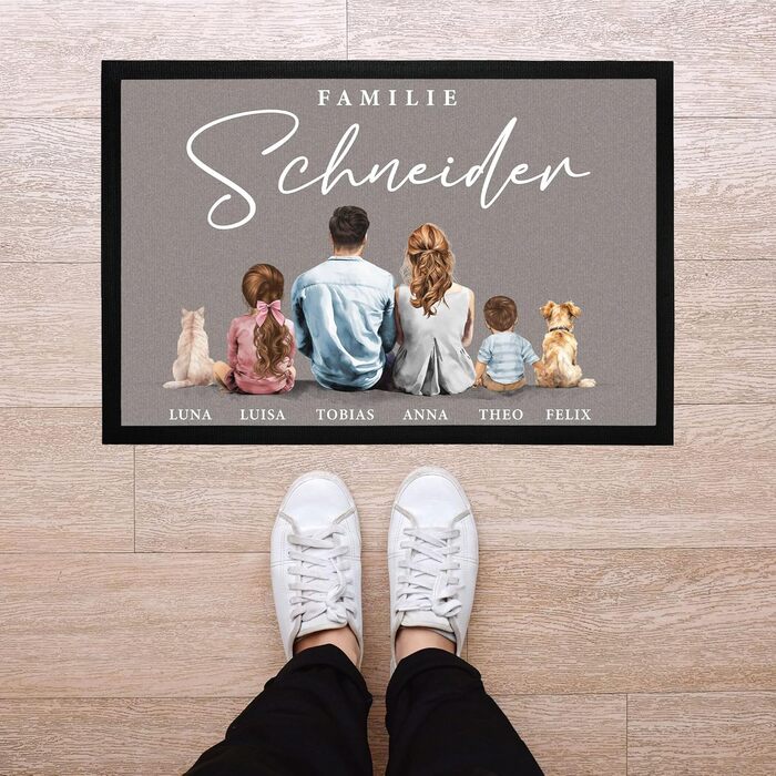 Сімейний килимок для дверей з іменами та фігурками, можна налаштувати для 1, 2, 3, 4 дітей, кіт, собака, акварельний малюнок, нековзний та миється, чорний, 60x40 см.